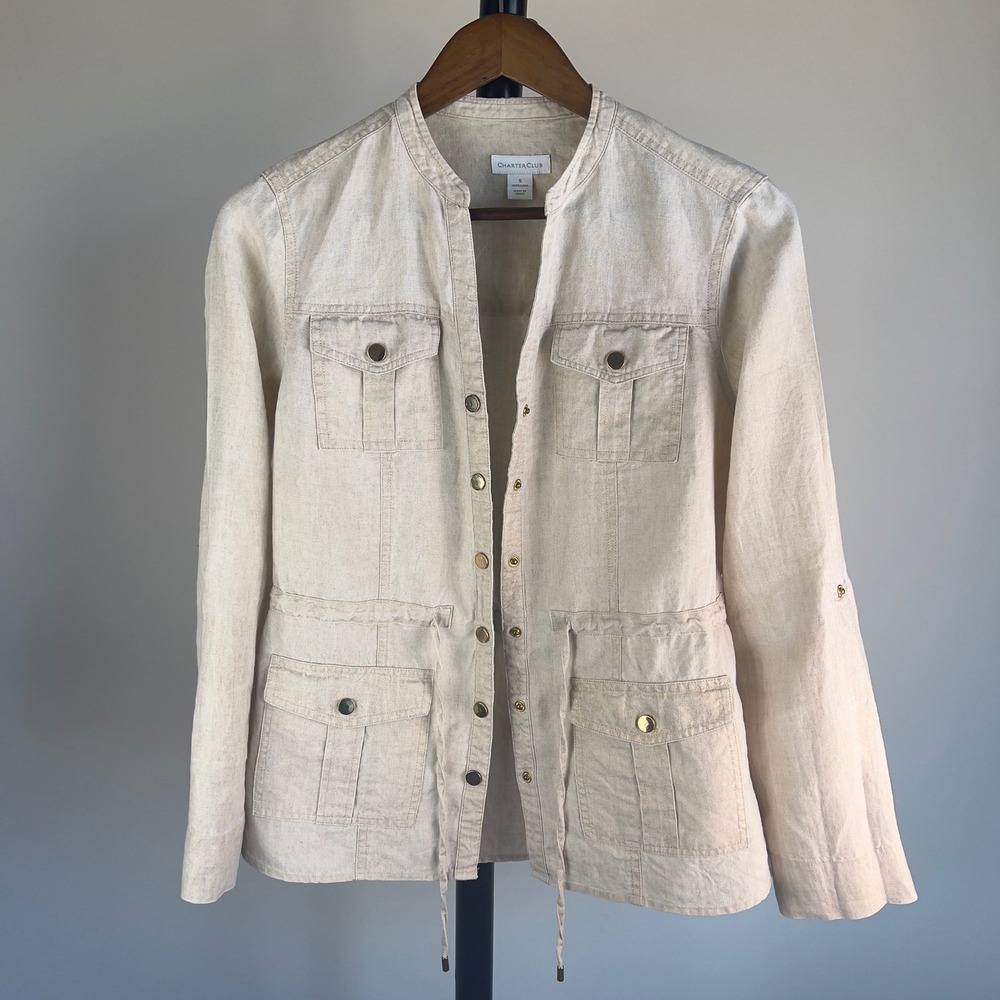 Charter Club 100% Linen Utility Safari Jacket Womens Small Beige Roll Tab Sleeve